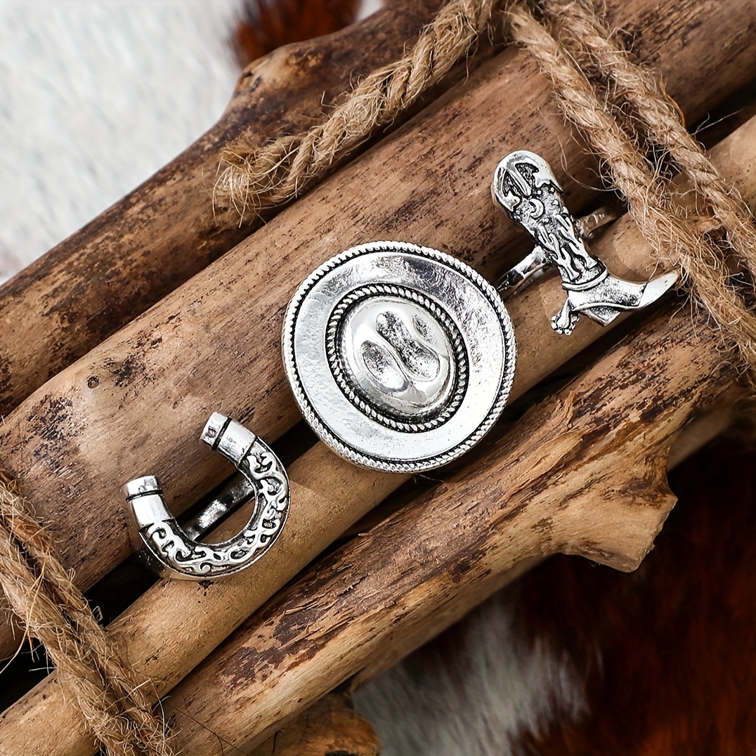 3pcs Alloy Ring Set: Vintage Ethnic Style Boots & Cowboy Hat U-shaped Rings, Perfect For Gifting Casual Attire