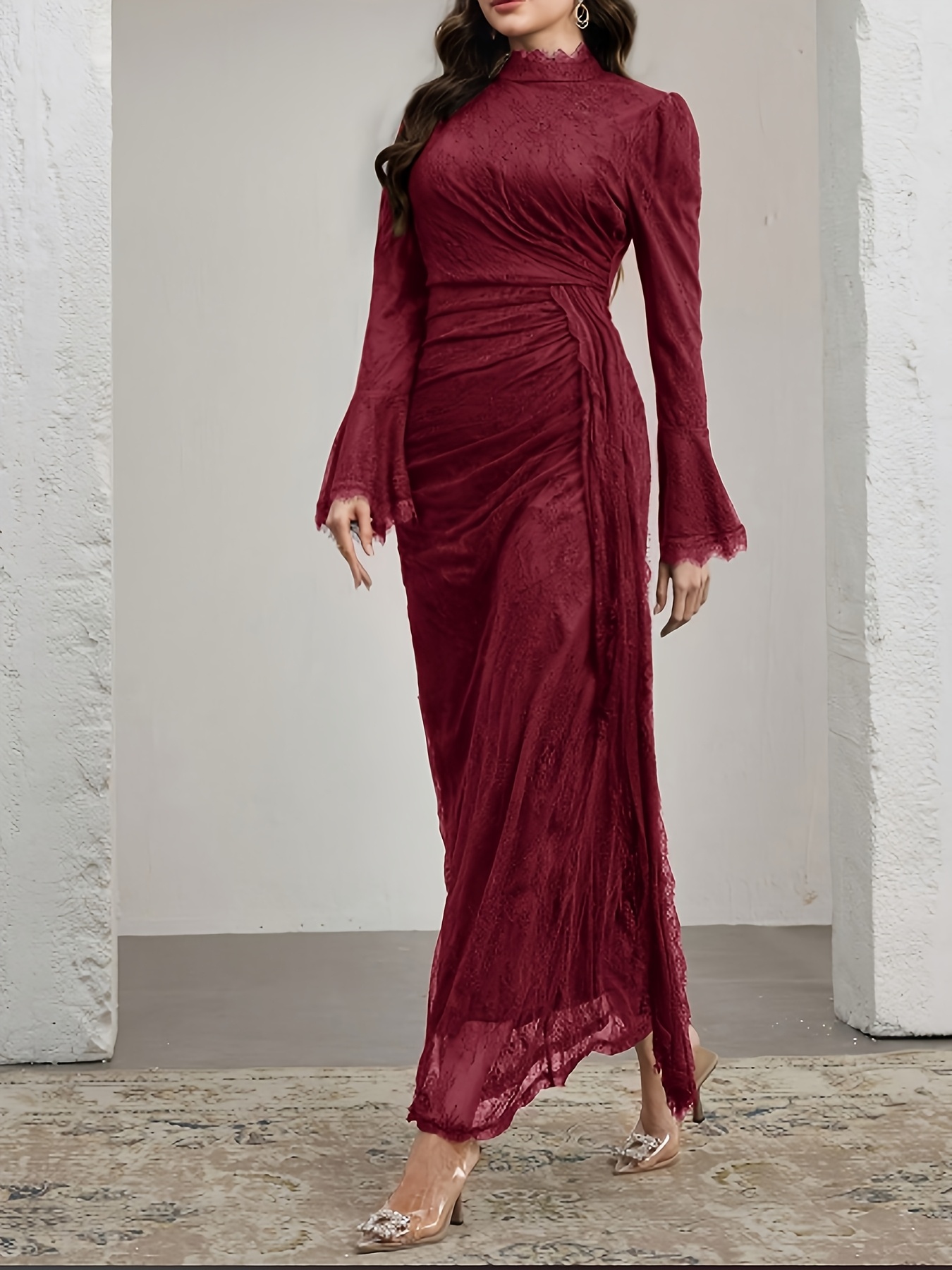 elegant long sleeve lace dress with ruffle neckline and belted waist stand collar long length suitable for     Product details 7