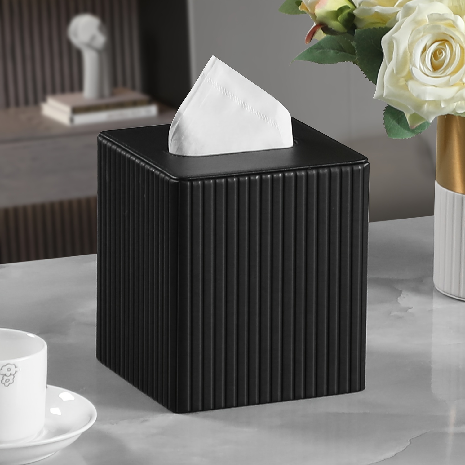   tissue box in elegant colors made of pu leather featuring a magnetic closure at   with a striped decorative surface suitable for bathrooms bedrooms or offices Product details 1