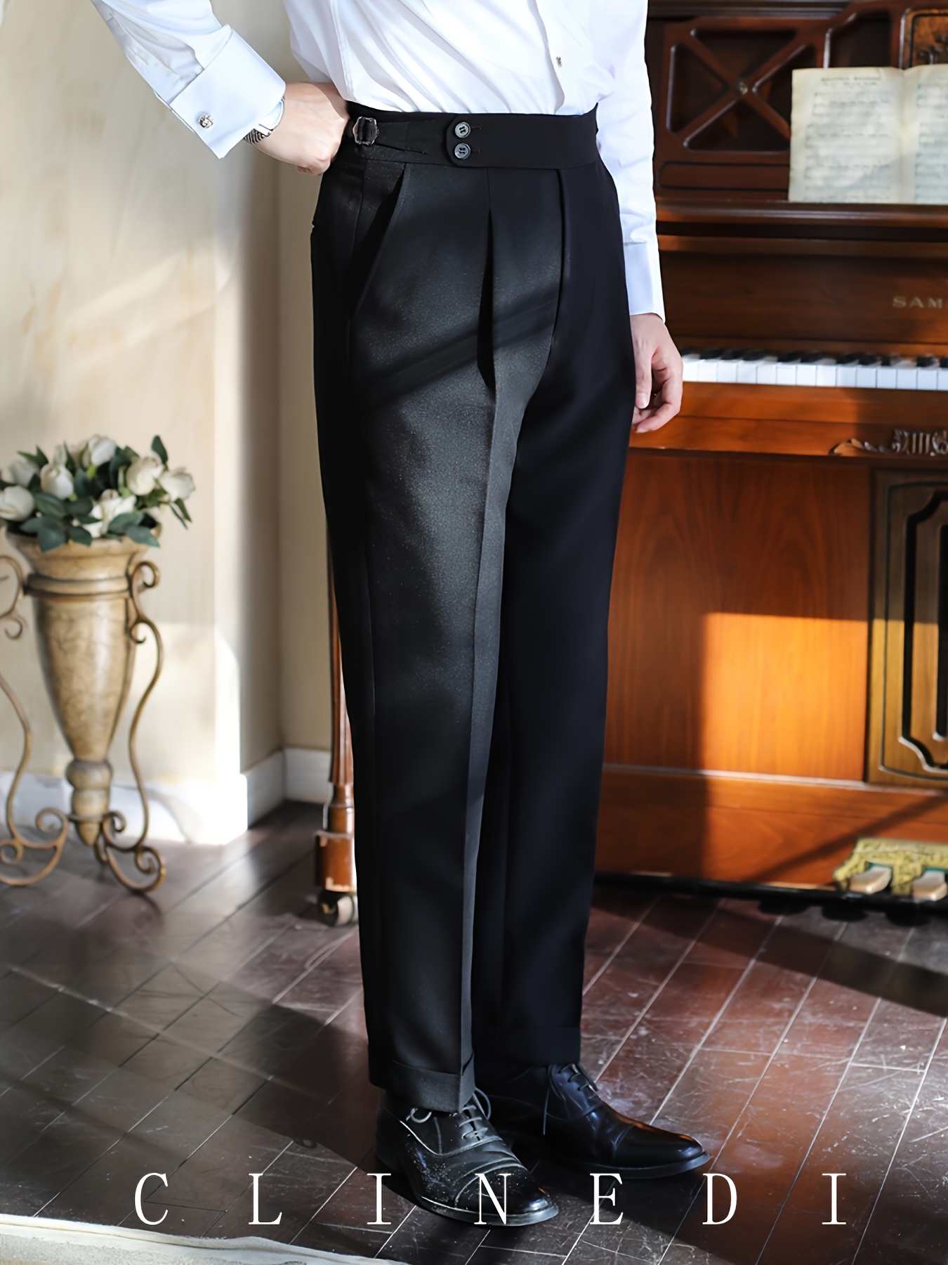 high waist mens dress pants Men Vintage British Style Suit Pants | High Waisted Straight Pants | Smart Casual High Waist main image 1