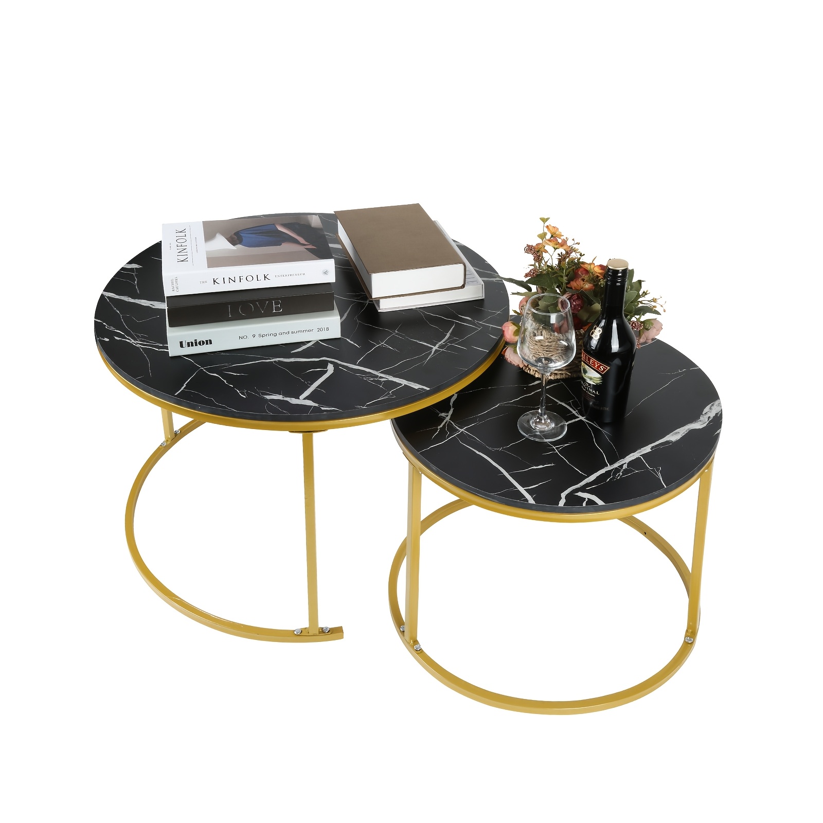 TEMU Round Nesting Coffee Table Set Of 2, Circular And Marble Pattern Coffee Table Wooden Accent Furniture With Metal Frame, Stacking Minimalist End