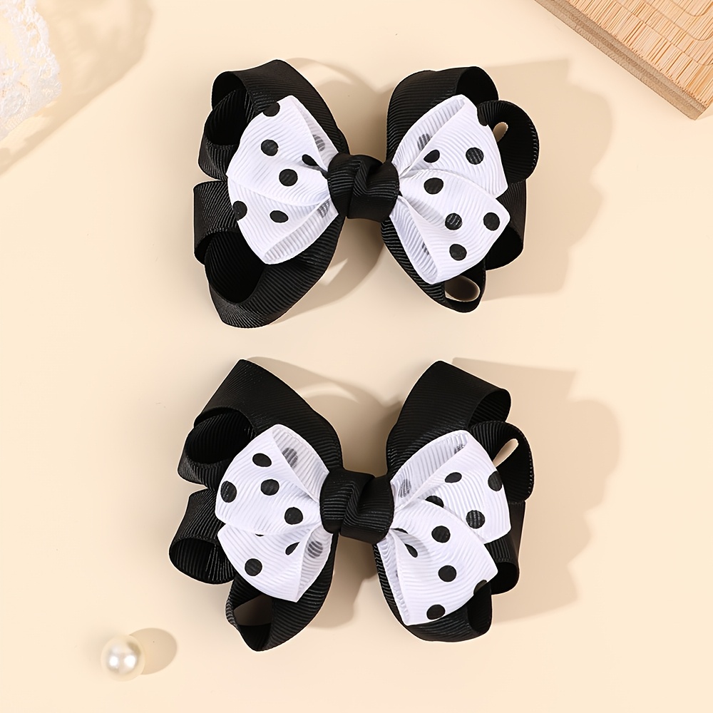 TEMU 2pcs Vintage Polka Dot Layered Bow Hair Clips Black Grosgrain Ribbon Bows With White Polka Dot Details Chic Additions For Women Ideal For Casual