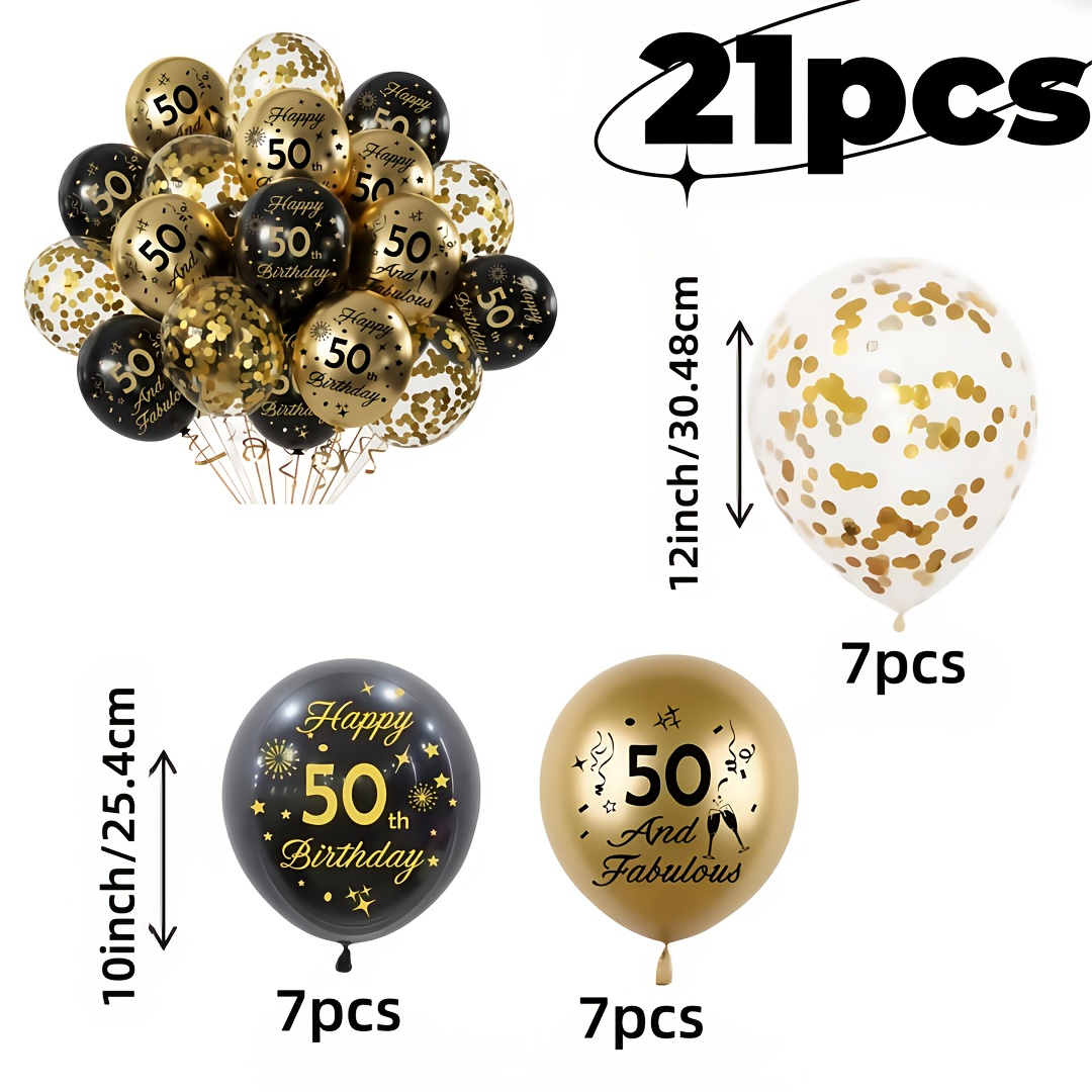 TEMU 21 piezas, globos de látex estampados de 18, 30, 40, 50, 60, 65, 70, negros y dorados, juego de globos de látex con lentejuelas, globos para de