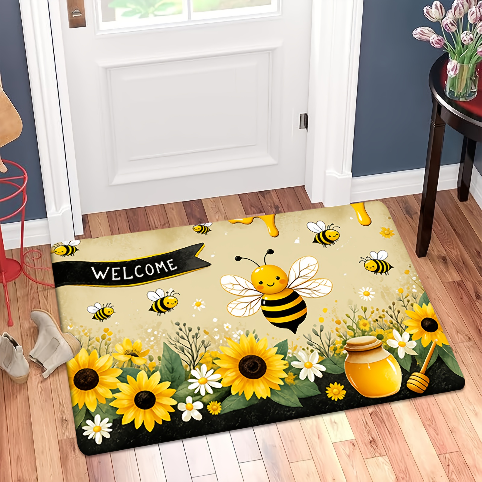 TEMU [ Product] [flannel And 1cm Thick Sponge Material] Fun Door Mat | Honeycomb And Welcome Pattern Printed Mat, Suitable For Bedroom, Kitchen,