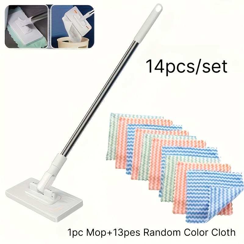 Set za ploski mop s sponkami za tkanino, 14 kosov, 1 nastavljiva palica za mop in 13 kosov valovitih krp iz mikrovlaken v naključnih barvah,
