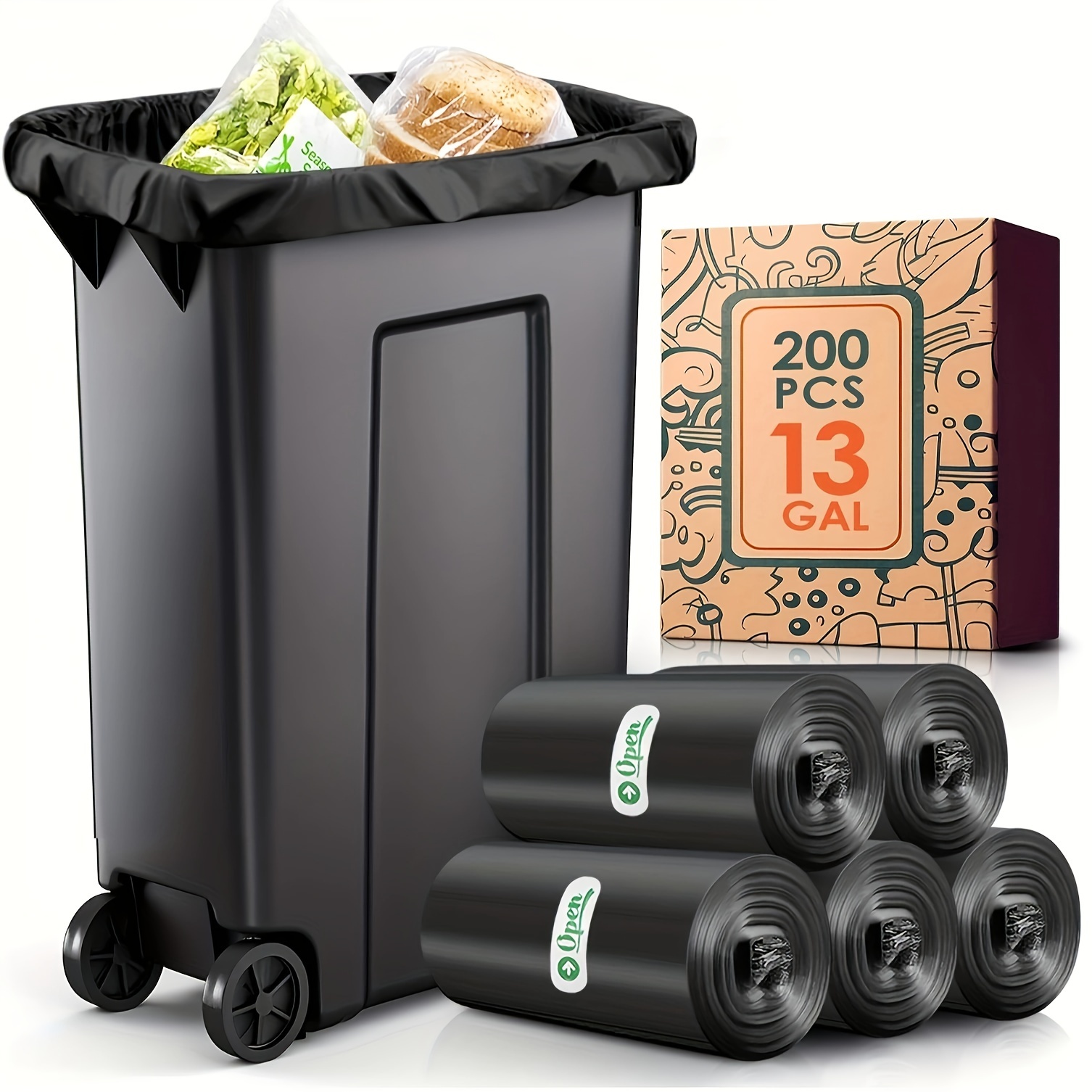 

13 Gallon 200 Counts Strong Trash Bags Garbage Bags By Teivio, Bathroom Trash Can Bin Liners, Tall Plastic Bags For Home Office Kitchen, Black