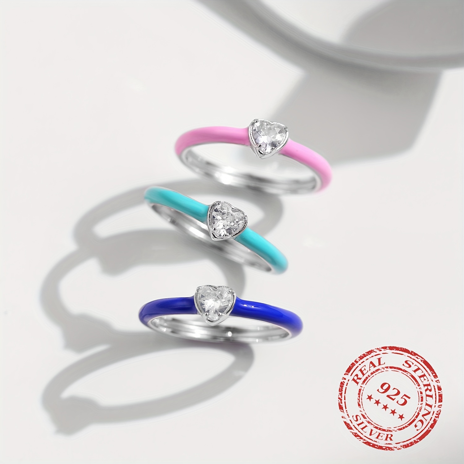 Women's 925 Sterling Silver Colorful Enamel Hearts Stackable Ring