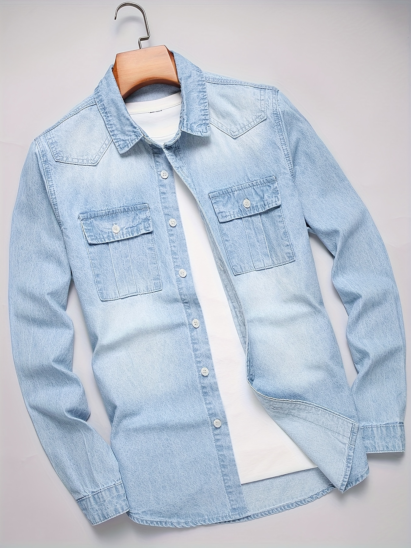mens stylish light blue washed denim shirt jacket versatile   casual wear with multiple chest pockets double breasted design and detailed jean   jean jacket 0