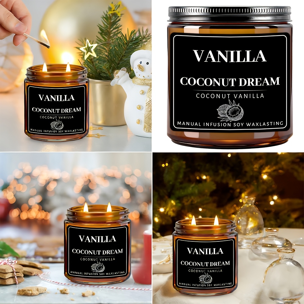 Vela aromática de 200ml (7oz) con aroma a vainilla y coco | Vela de cera de soja con doble mecha en frasco de vidrio, aroma duradero para la hora de dormir, baño, decoración, decoración de mesa, ideal para el Día de San Valentín, Navidad, Día de la Madre