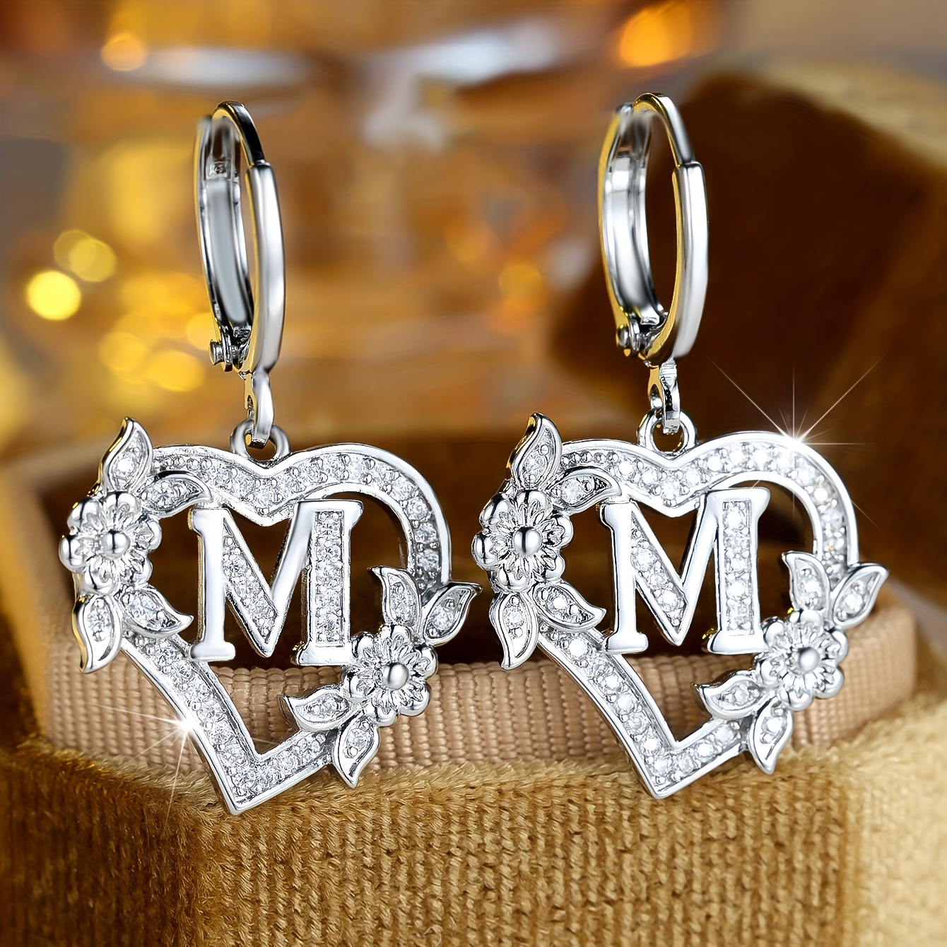 Image of Angol Exquisite Earrings Featuring Heart-shaped Engravings Of The A-z, With A Floral Ultra-sparkling Synthetic Synthetic Zirconia Pendant. Perfect As A Daily Jewelry Gift For