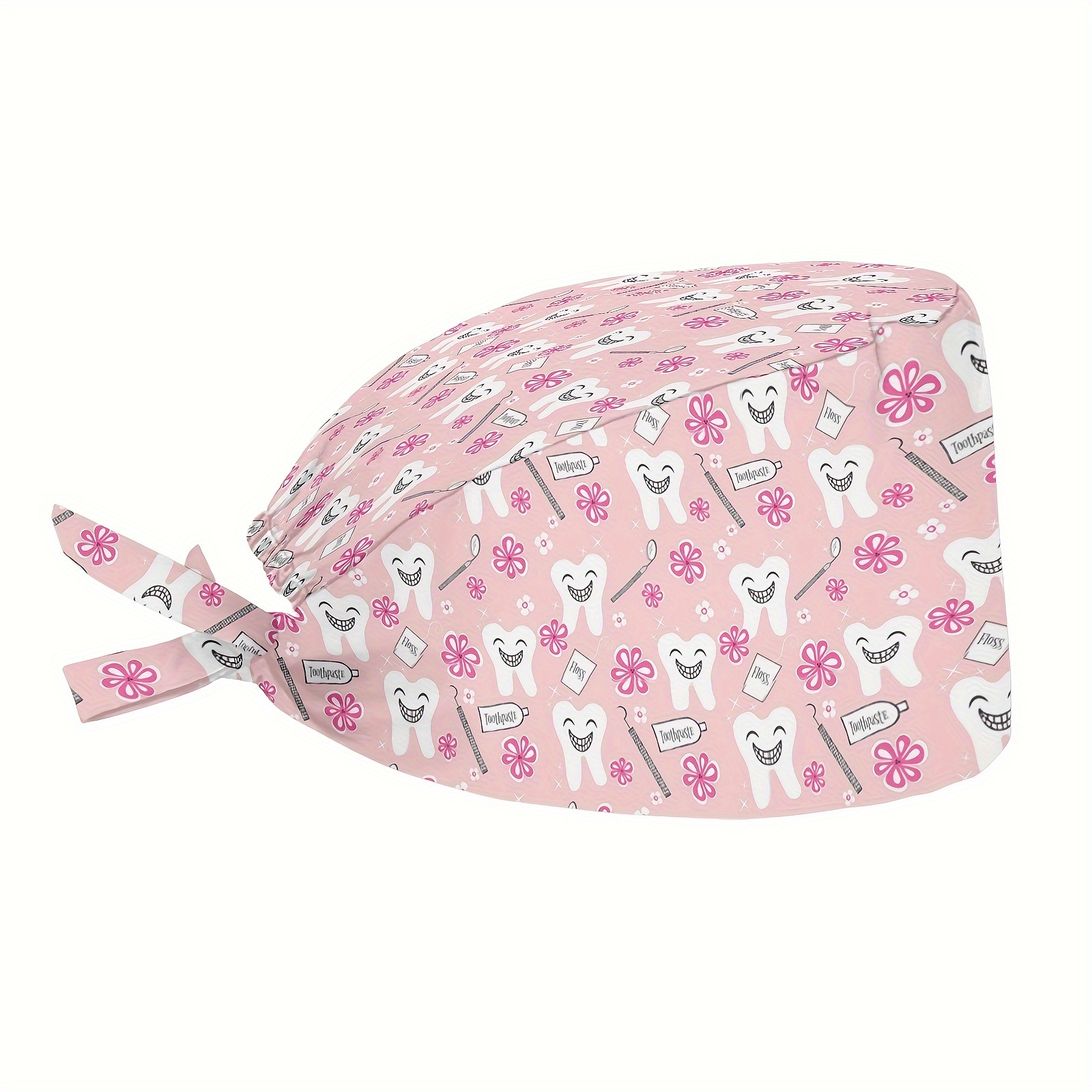 1pc Tooth Dental Theme Print Beanie Caps With Adjustable Tie Back Hat Working Cap, Nursing Surgical Cap, Shower Cap Suitable For Women Dentist Scrubs Cap
