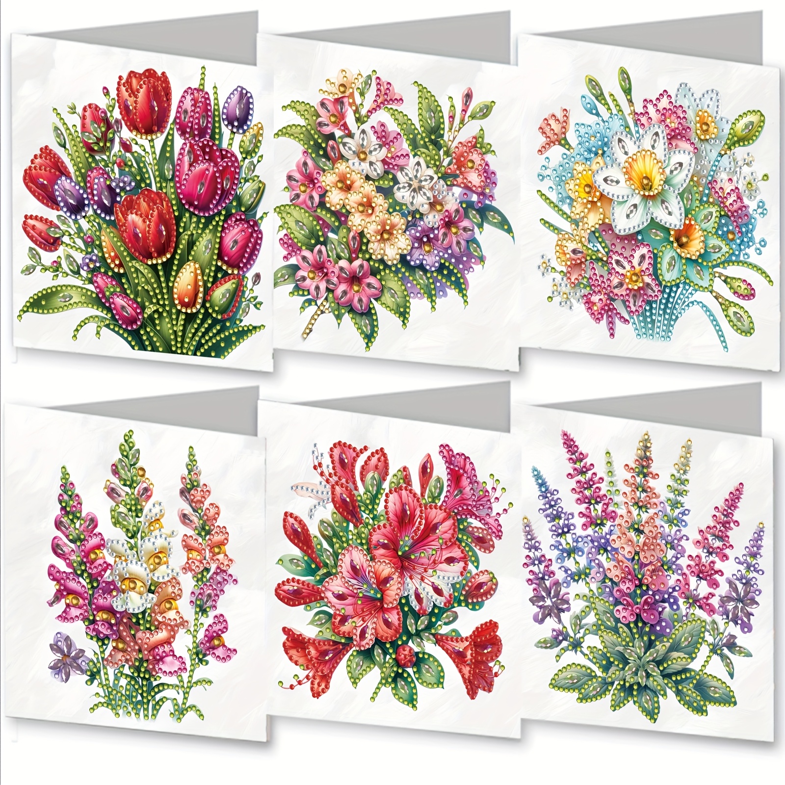 TEMU 6 stuks 15,0x30 cm / 5,9x11,8 inch Schilderij Uitnodigingskaartset, Prachtige Kleurrijke Bloemenpatroon Strass Kunstcadeau met Witte Achtergrond