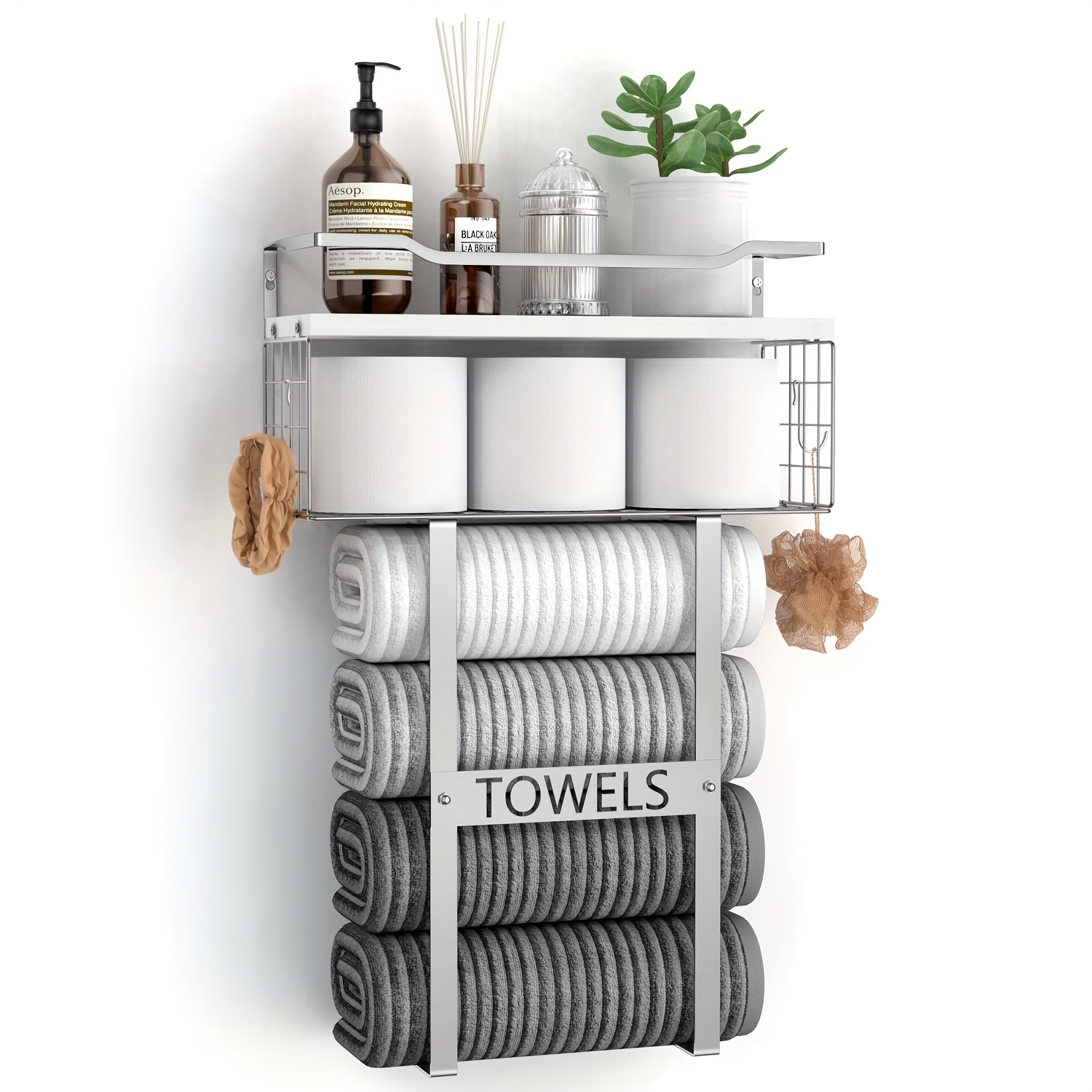 TEMU Wall Mounted Towel Rack For Bathroom - Bath Storage Holder Set Above Toilet, Rolled Towel Shelf Organizer, Wood Vertical Rack For Small Bathroom