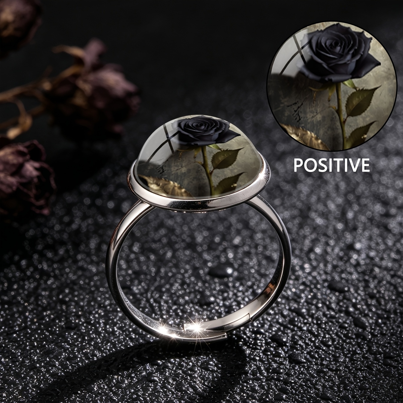Women's Vintage Black Rose Pattern Half-Dome Open Ring