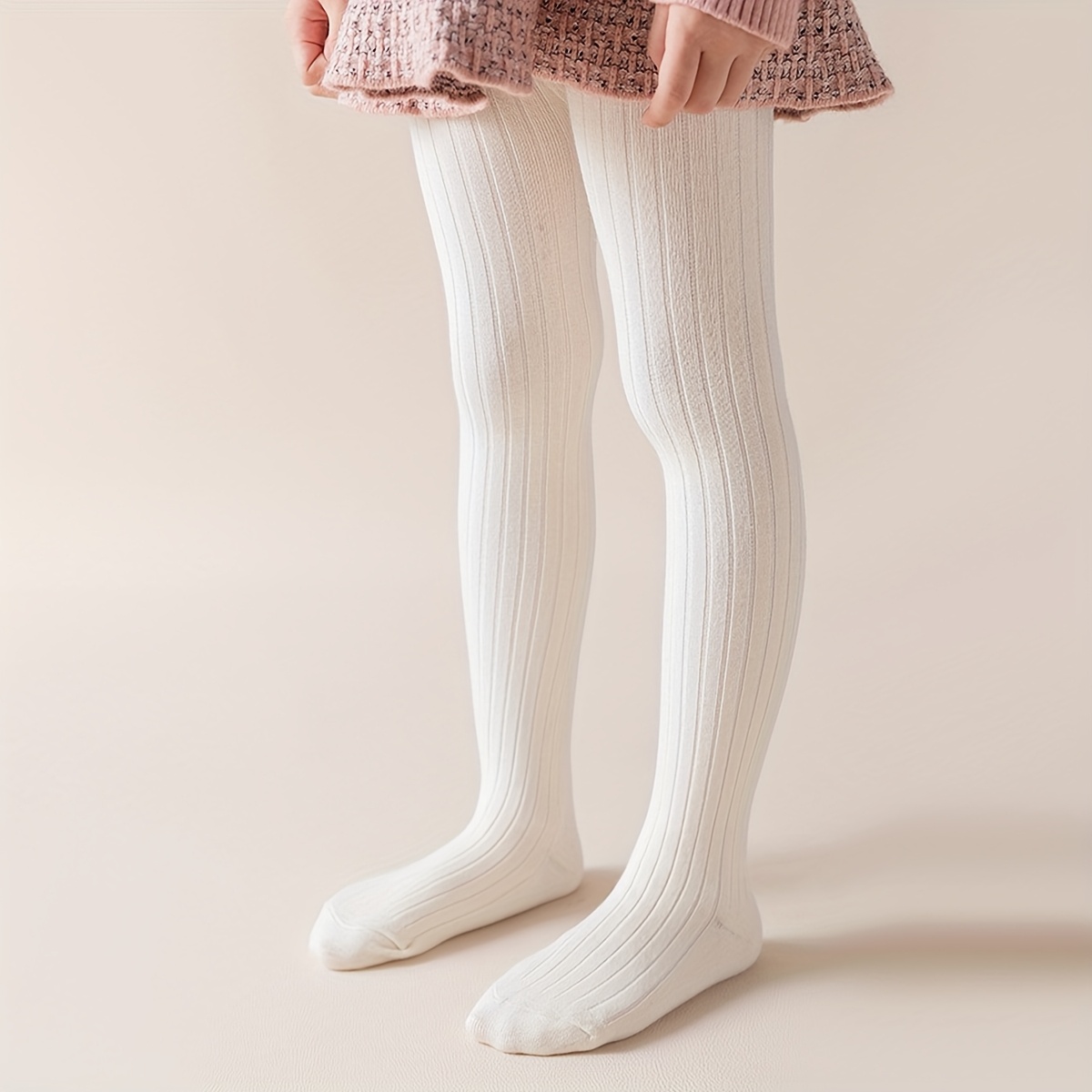 Image of 1 Pair Girls' Spring/autumn Floral Leggings Tights - Stretchy & Comfortable, Solid Color With Striped Pit Design, Soft Knitted Fashionable Stockings For Little Fashionistas Baby Tights, Girls Outfit
