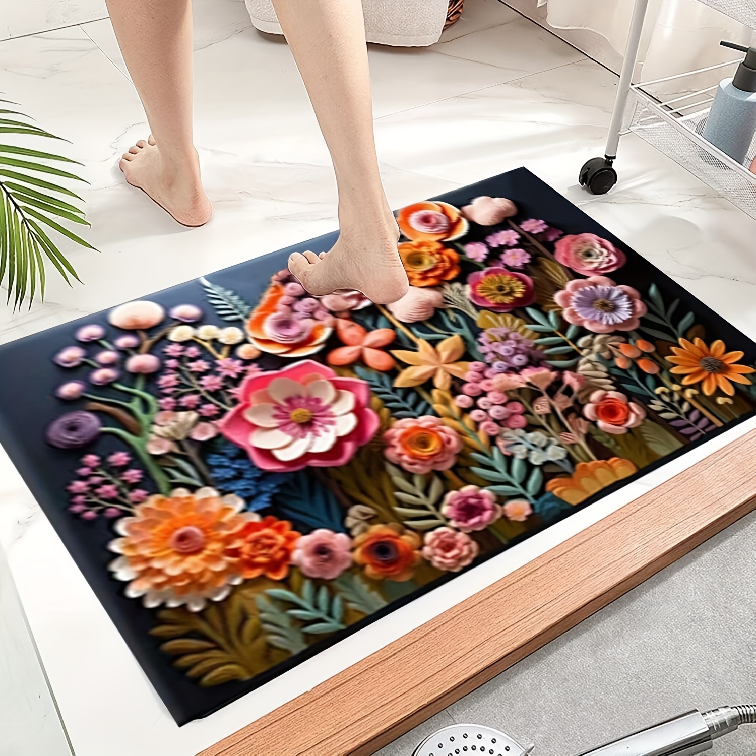 

Boho Floral Bath Rug Washable Diatomaceous Earth Bathroom Rugs Quick Drying Floor Mat For Bathroom Shower Room Bathtub