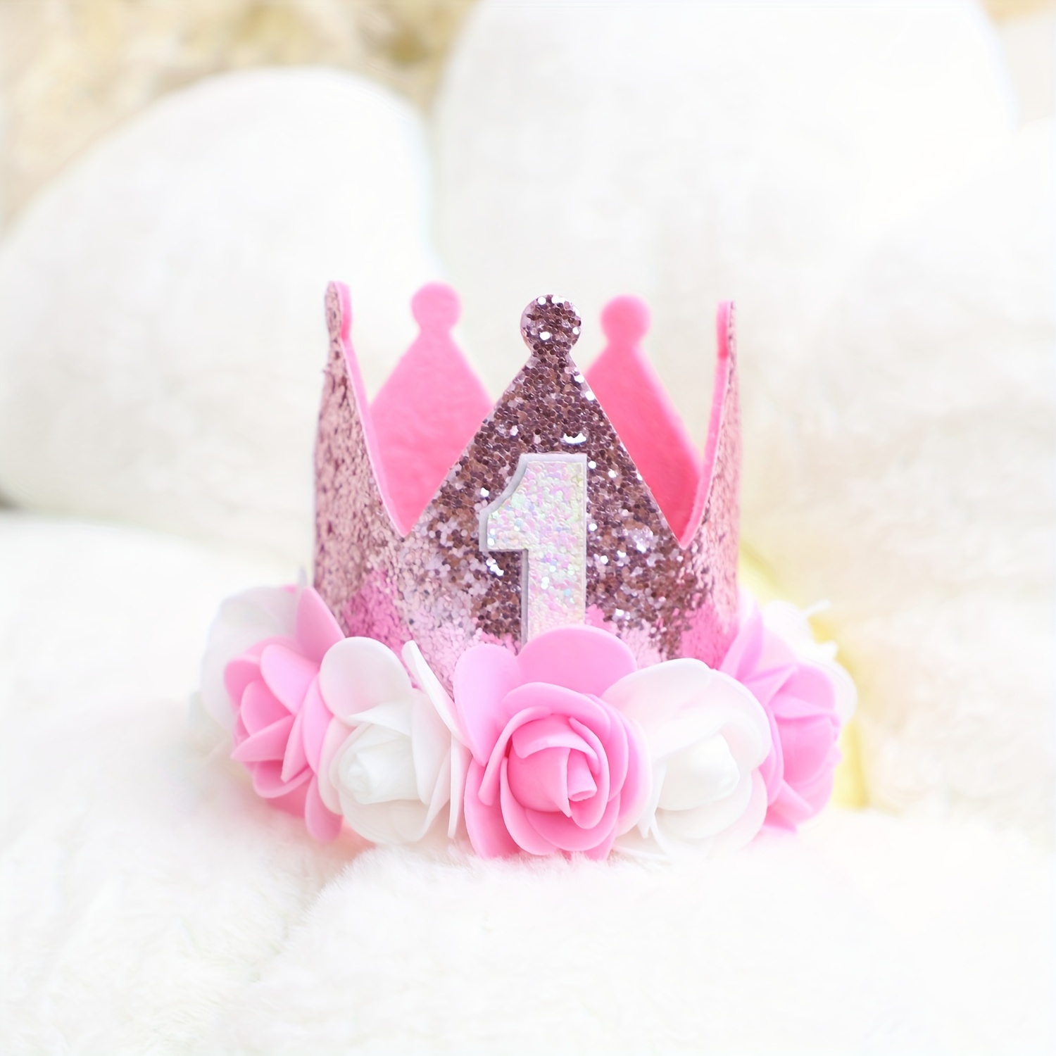 

1pc Girls' 1st Birthday Crown Hat Decoration, Pink, White & Gold Glitter, Photo Prop, Party Supplies, Princess Theme Party Decor, Birthday Accessory, 3.1in X 3.5in