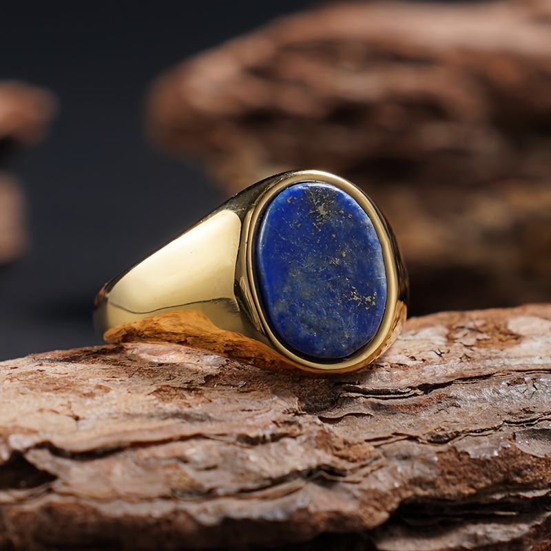 Image of 18k Golden Plated Plated 316l Stainless Steel Vintage Style Unisex Elliptical Ring, Handmade Natural Stone Band Inlaid With Natural Eye, Black Onyx, Red Agate, Green Agate, Turquoise & , Jewelry For