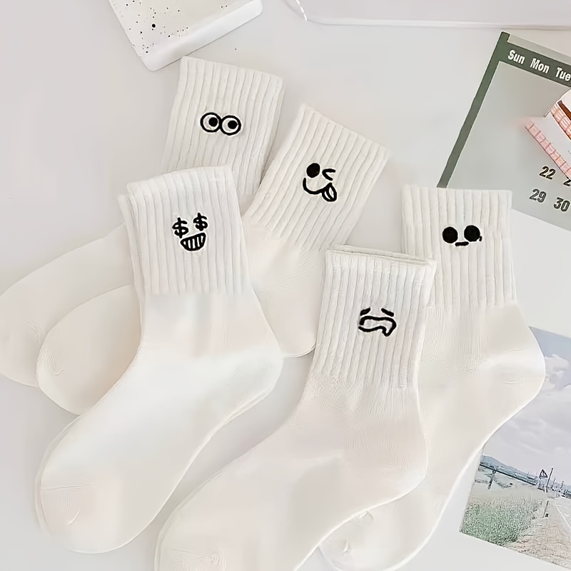 

5 Pairs Cute Expression Pattern Socks, Comfy & Breathable Mid Tube Socks, Women's Stockings & Hosiery