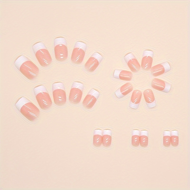 24pcs white french fake nails nude pinkish press on nails short square false nails classic acrylic nails for women and girls details 2