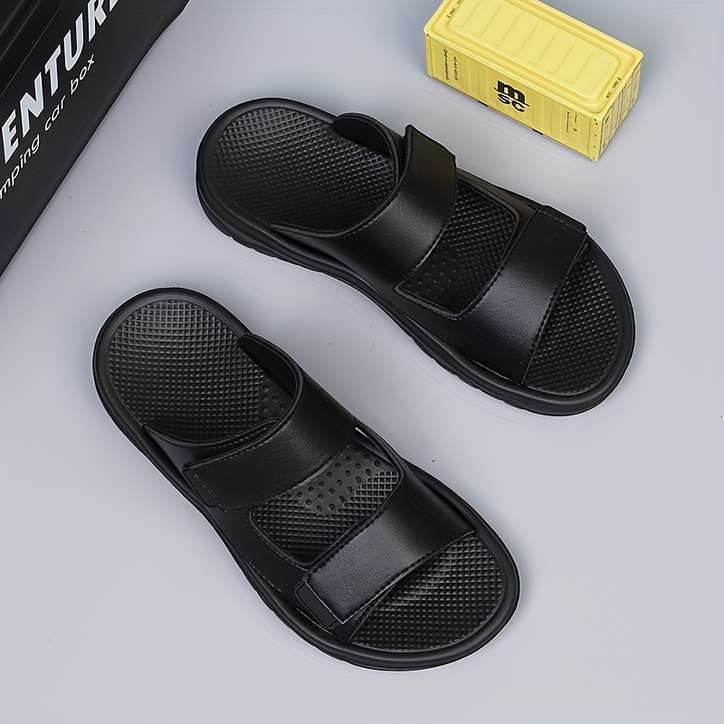 

All-season Casual Men's Slides – Comfortable Street Style Solid Color Sandals With Adjustable Straps, Slip-on Closure, Pu Upper & Inner, Anti-slip Eva Sole – Breathable Round Toe Open Back Footwear