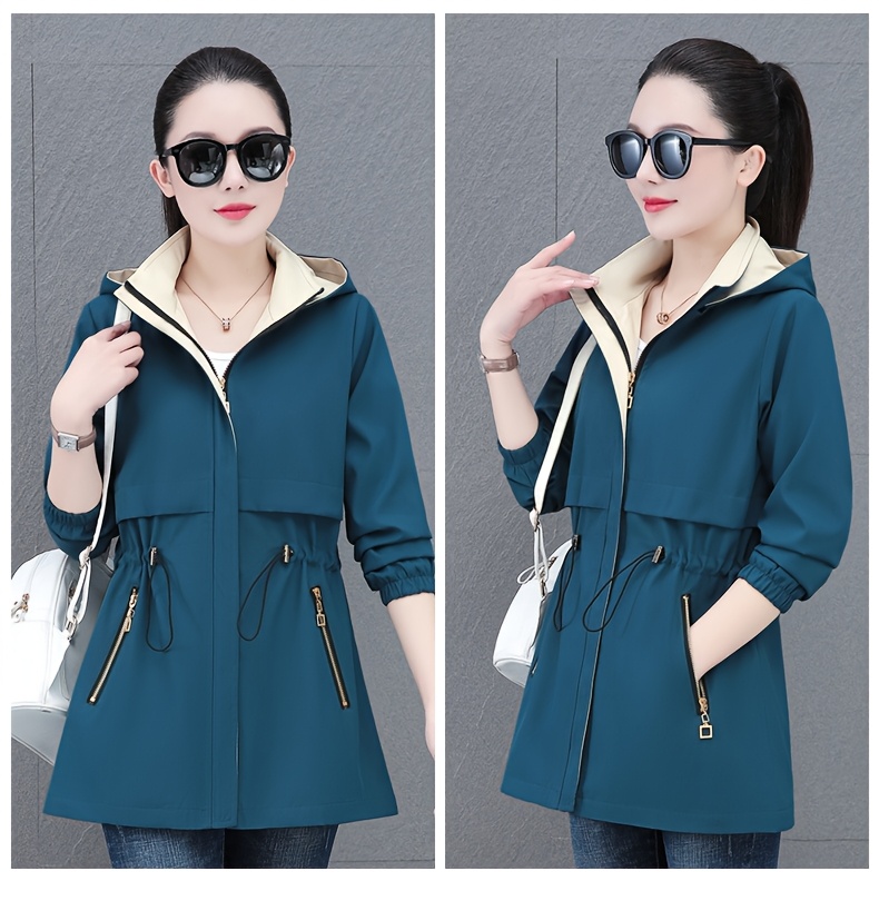 Chaqueta casual con capucha para mujer, midi, con cintura ajustable, bolsillos con cierre y tirantes desmontables, color verde azulado, ideal para fines de semana y todas las estaciones | Chaqueta larga elegante | Chaqueta con cierre