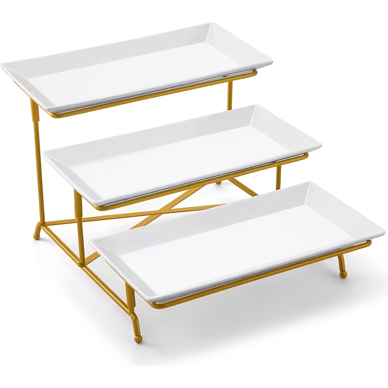 TEMU 1 Set Of Foldable 3-tier Plastic Serving Trays, Party Supplies, White Reusable Trays With Metal Display Stand, Suitable For Vegetables, Fruits,