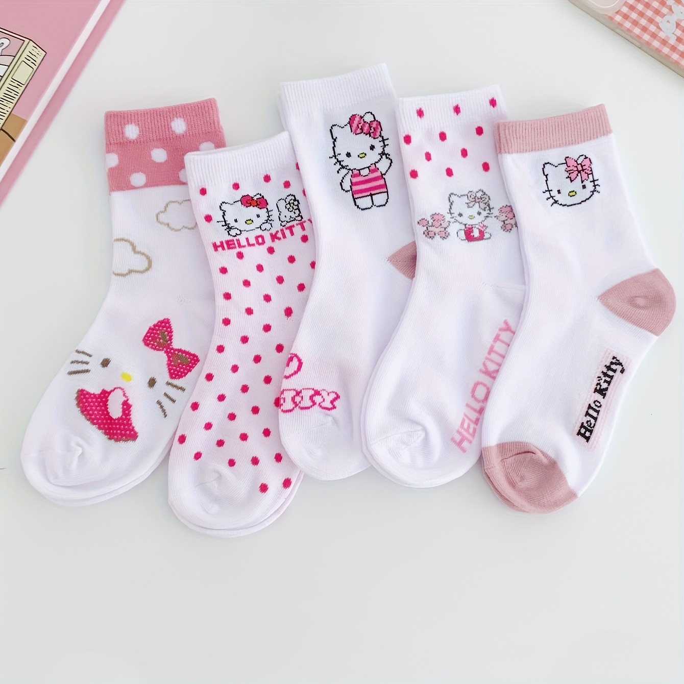 Image of 5 Pairs Of Hello Kitty Children's Socks From , Featuring Pink And White Polka . Socks Are Comfortable And Breathable, With A Casual Or Cute-themed Outfits.,fall And Winter Clothes