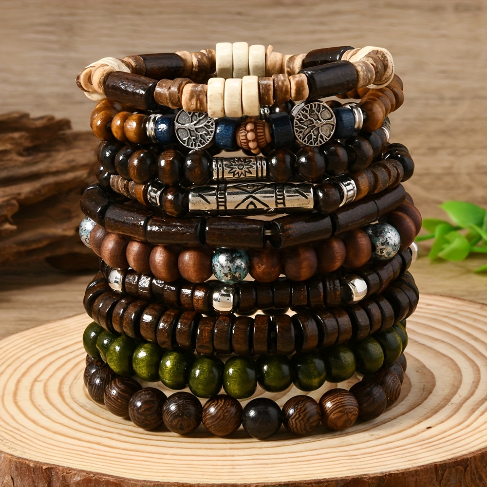 

Bohemian Style Mixed Wood Bead Bracelet Set For Men, 10pcs Stretch , Geometric With Antique Silvery Plated Accents, Synthetic Gemstones, Birthstones, Ideal For Valentine's Day And Mardi Gras Day Gifts