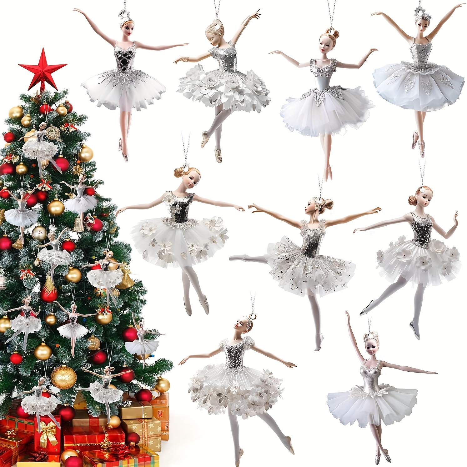 

9pcs Dancer Ornaments Set - Wooden Christmas Tree Decorations With Hanging Ropes For Holiday & Valentine's Day, Christmas Decoration Set, Decorative Hanging Decorations