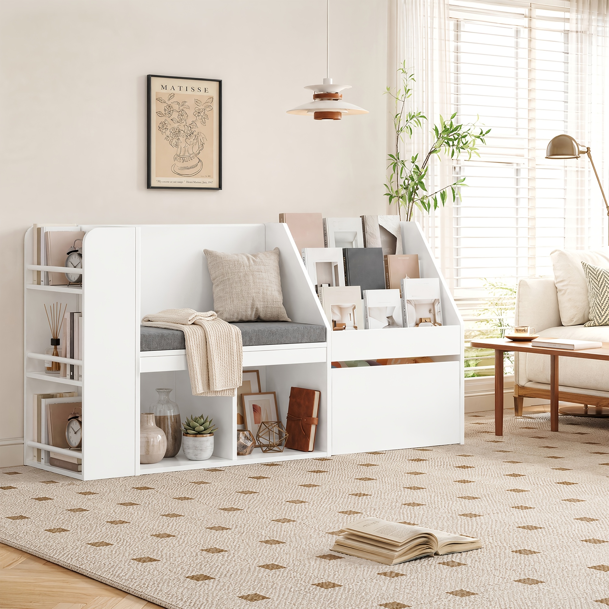 Kealive 125cm White Bookshelf With Storage Bench And Rolling Drawers, Multifunctional Organizer Cabinet For Home