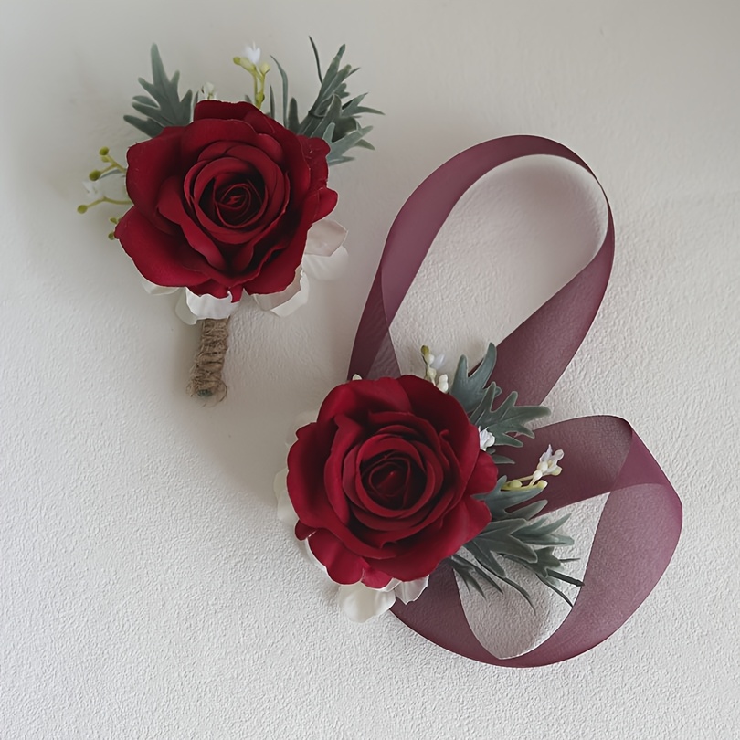 TEMU 2pcs Set Of Simulated Floral Velvet, Rose Chest Flowers, Wrist Flower Ribbons, Suitable For Weddings, Dances, Parties, Formal Occasions, Wedding