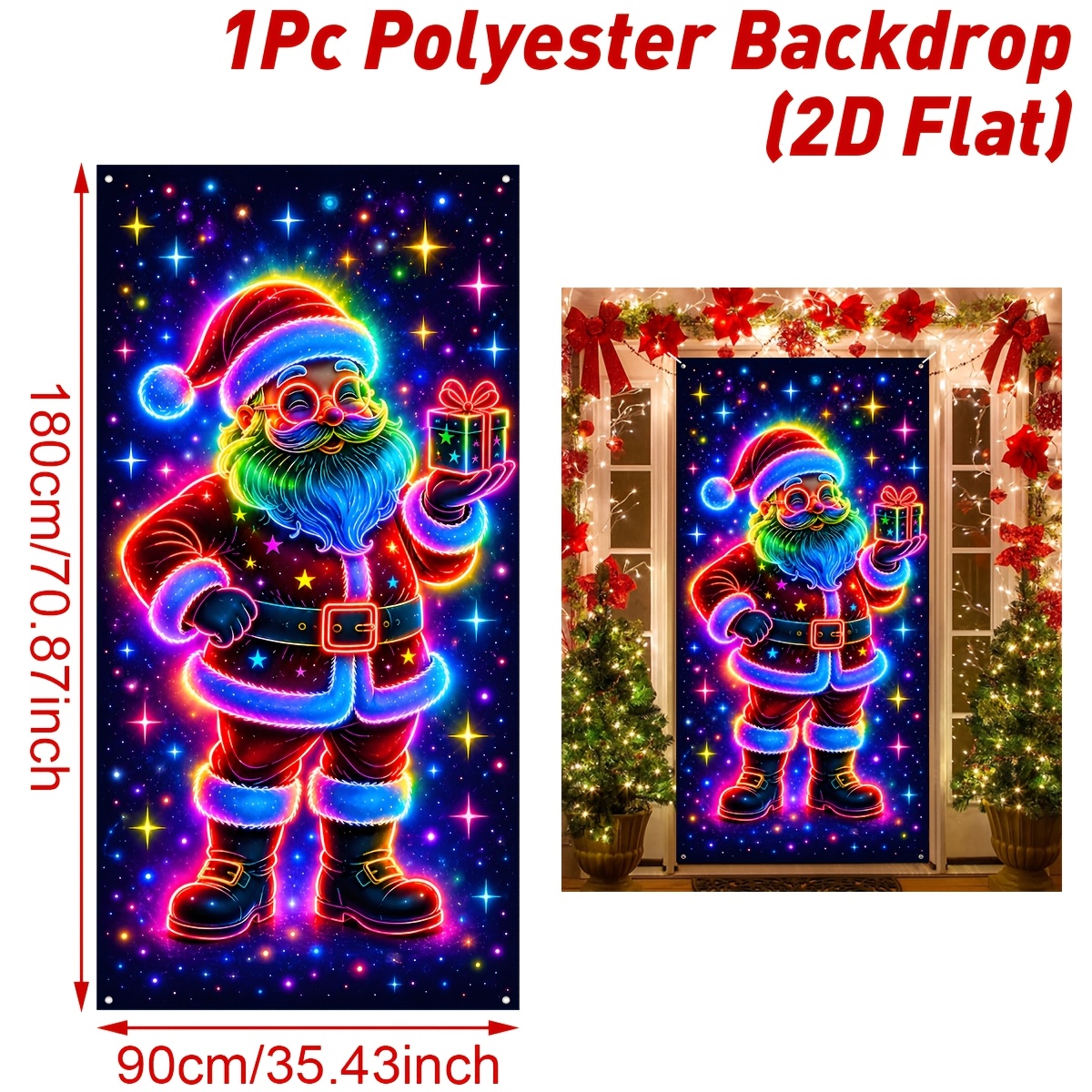 TEMU 2d Flat, 2d Door Banner, 2d Flat, 1pc, Neon Christmas Door Banner, Neon Santa Claus With Gift Door Cover, Door Curtain, Front Door Hanging