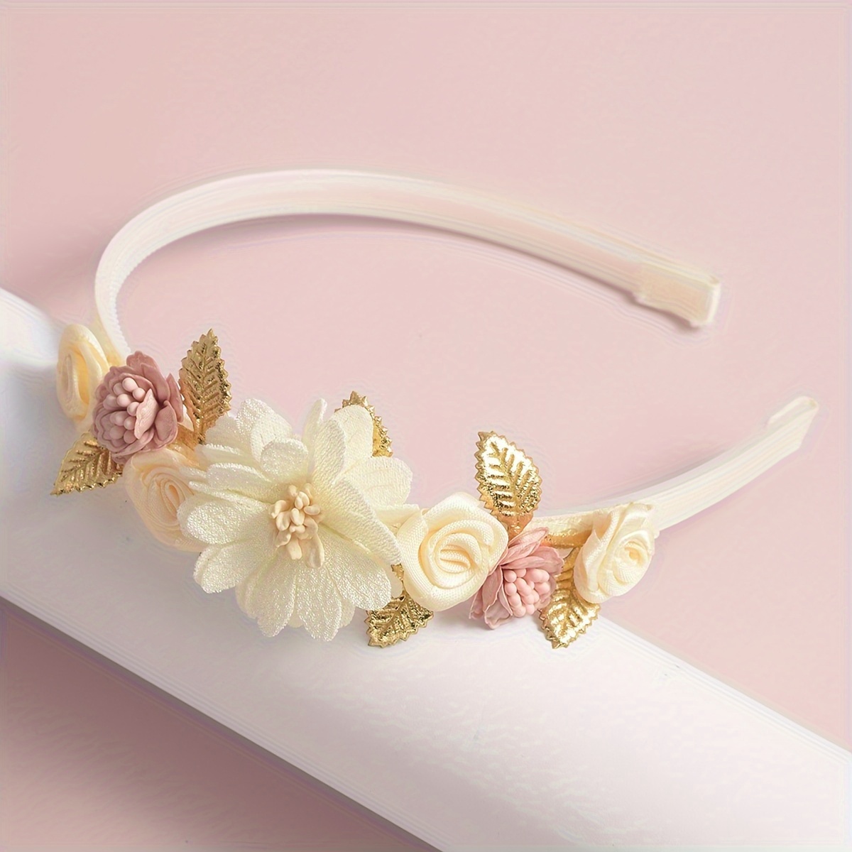 

Elegant Floral Headband With Pink & Cream Flowers And - Polyester Hair Accessory, Ideal For Valentine's Day, Cute Hair Accessories