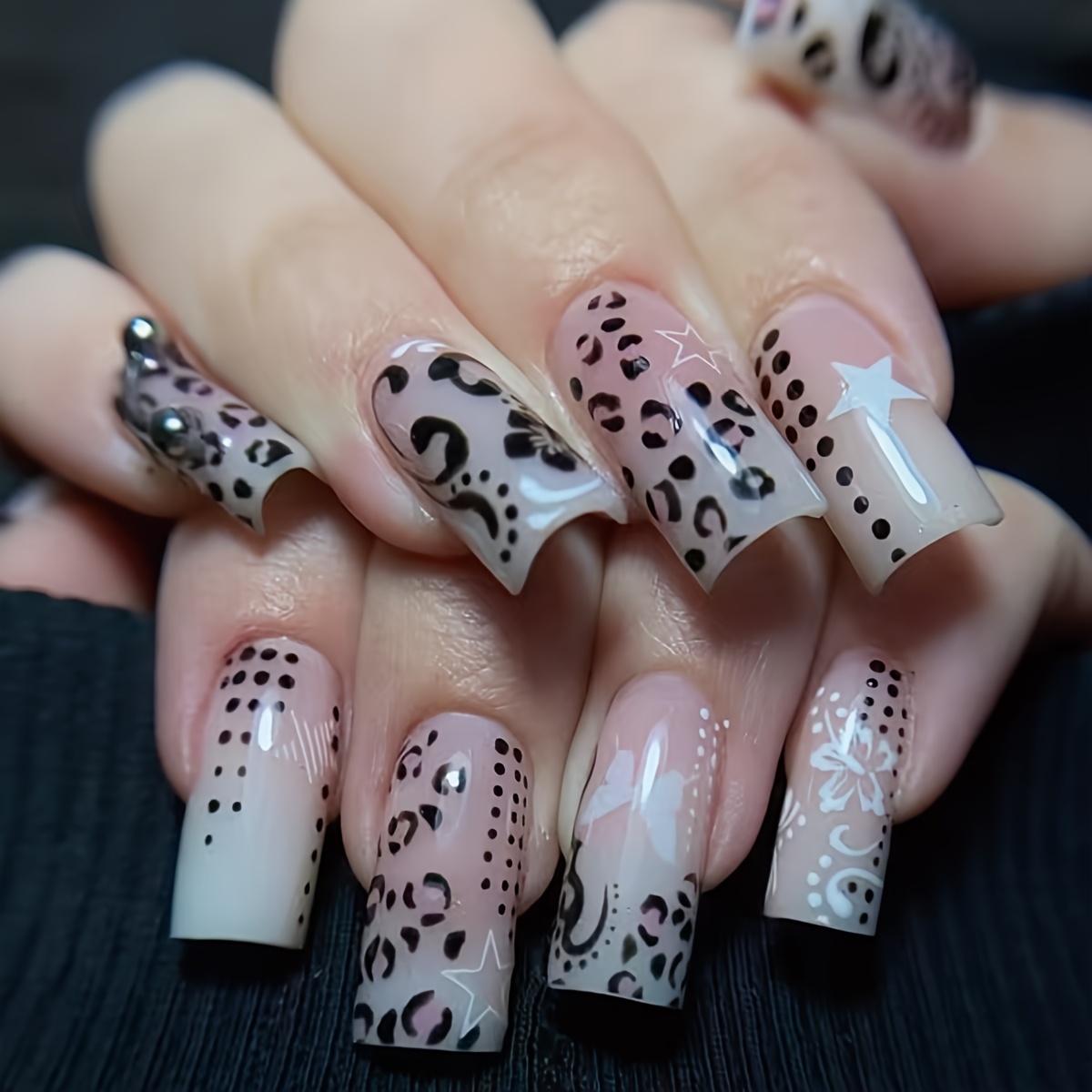 TEMU Upgrade Your Look, 24pcs Full Coverage Glossy Fake Nails With Mid-length Tube, Black White Pink Leopard Floral Polka Dot Decor For Nail Surface,