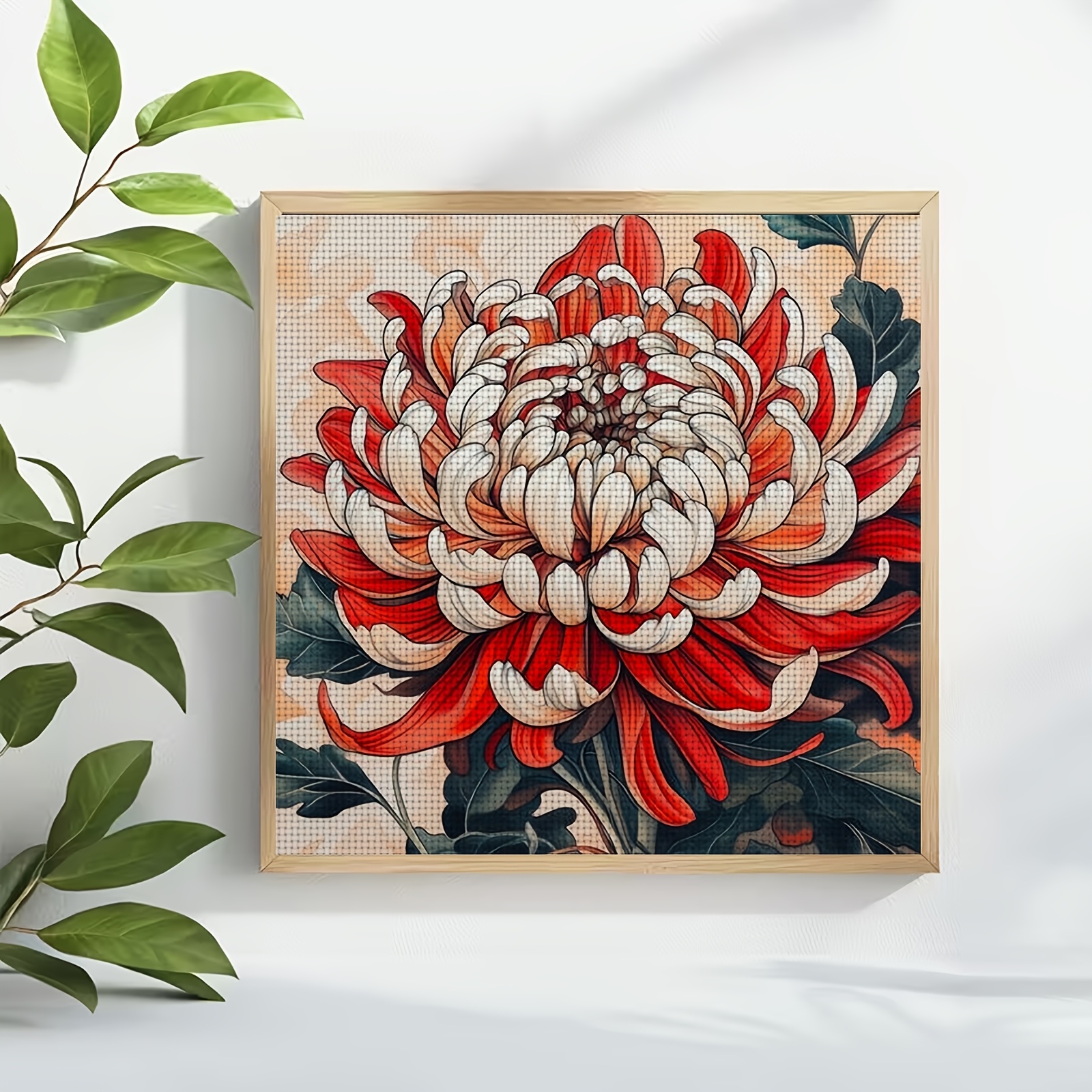 Cross-Stitch Kit Featuring Blooming Red and White Chrysanthemums, Perfect for Beginners