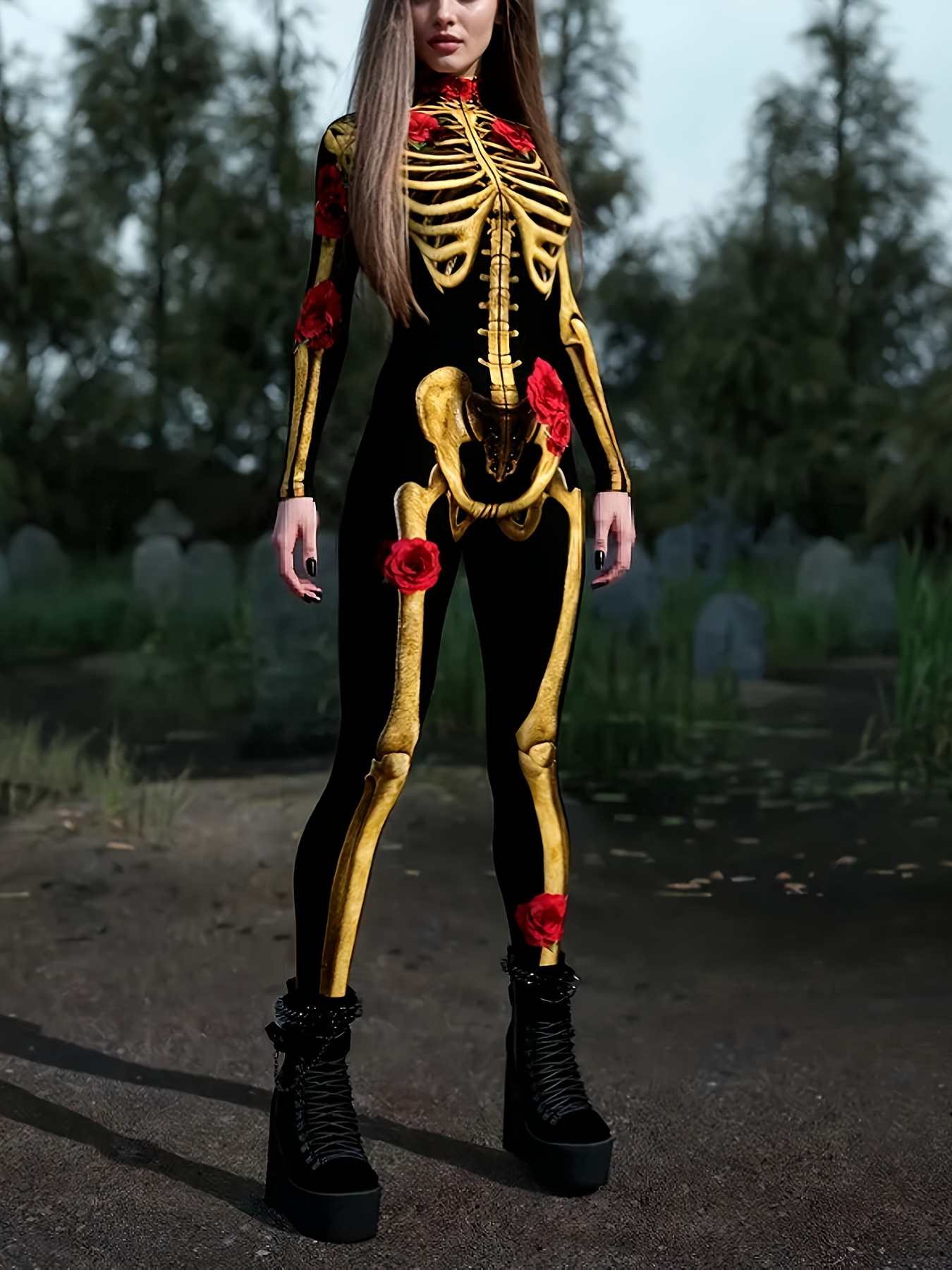 tenue gothique femme à imprimé squelette combinaison long Temu