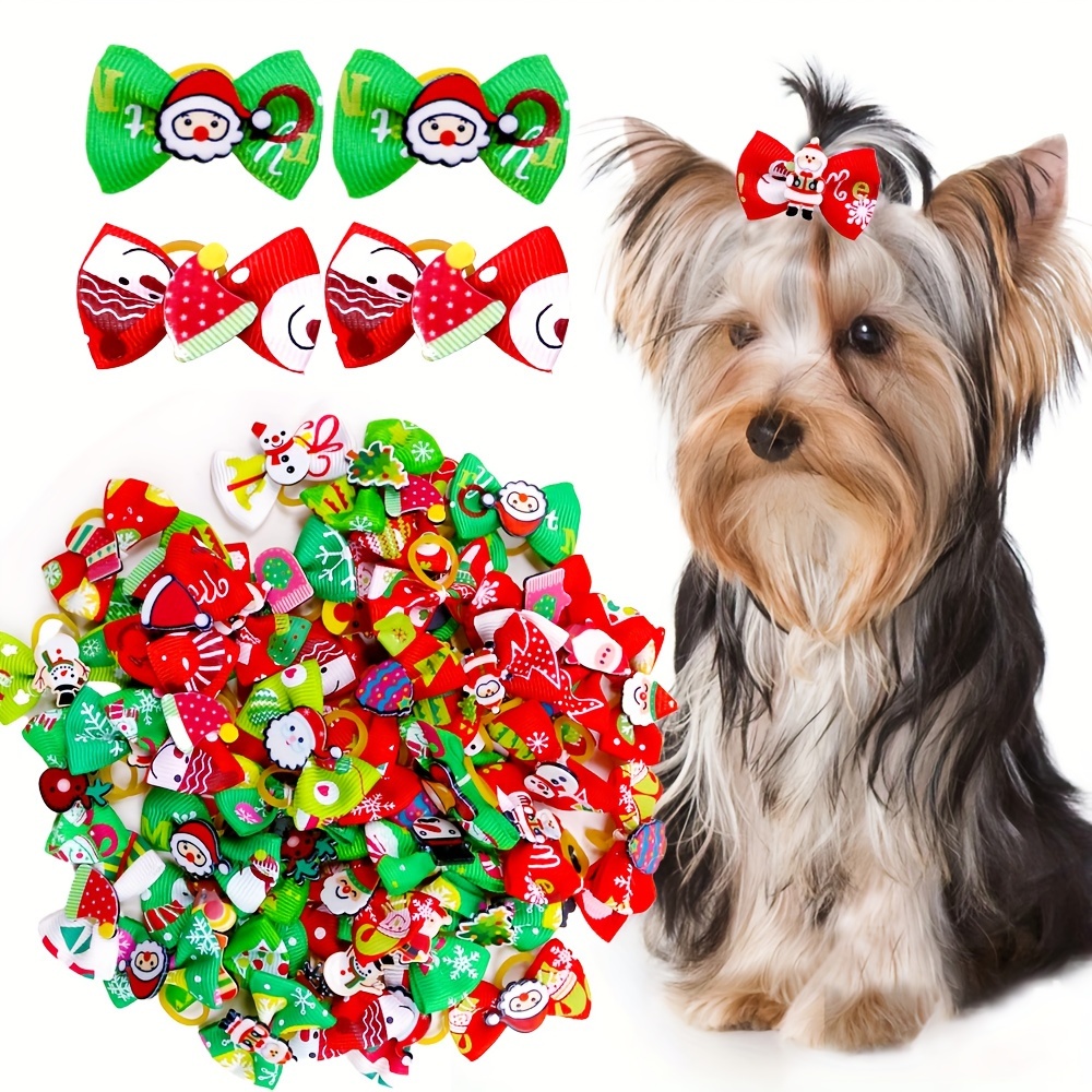 

20pcs Christmas Pet Hair Bows With Patterns And Charms, Assorted Holiday Accessories For Dogs And Cats, Pet Grooming Decorative Bows With Bands For Seasonal Hairstyles