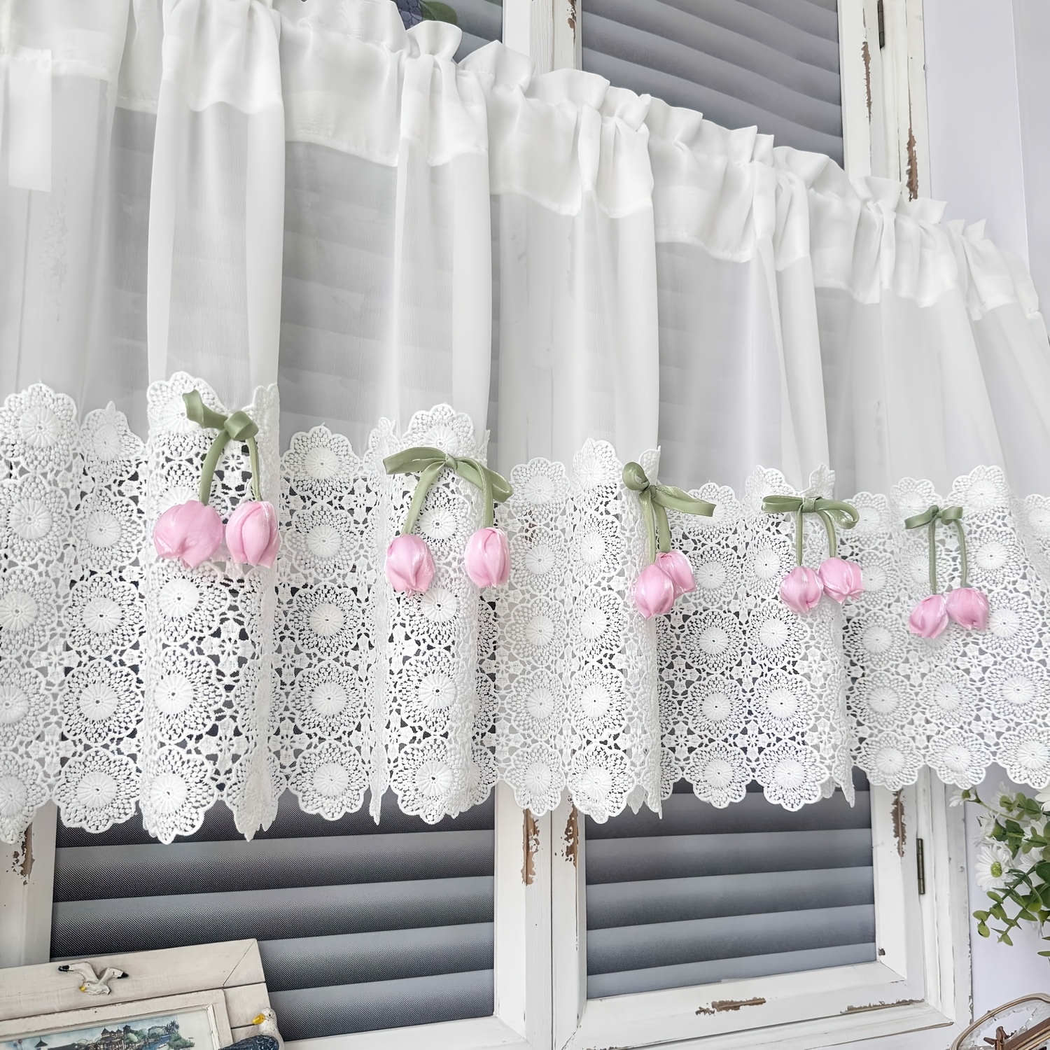 1 Panel White Sheer Valance For Kitchen Elegant Short Curtain With Lace Decorations Cafe Bathroom Window Toppers Rod Pocket