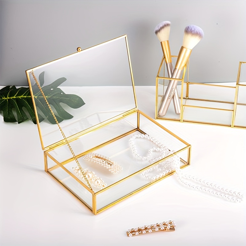 

Golden Transparent Glass Jewelry Box With Shadow Lid, Vintage Style, Polished , Desktop Display Case For Watches, Accessories Storage, Home Decor Collectible Box