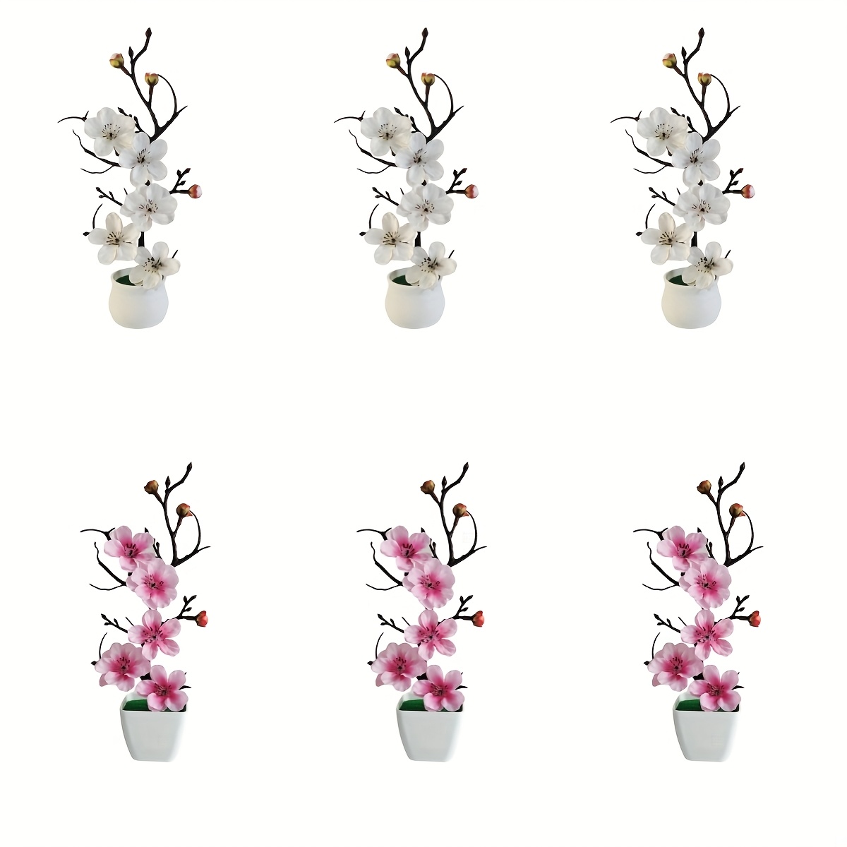 Image of 6pcs Assorted Colors Artificial Flowers Set, Artificial Plum Set, Includes Different Sizes Of Containers, For Home Kitchen, Dining Table, Room, Garden, Party, Wedding Decoration, Window Sill Decor