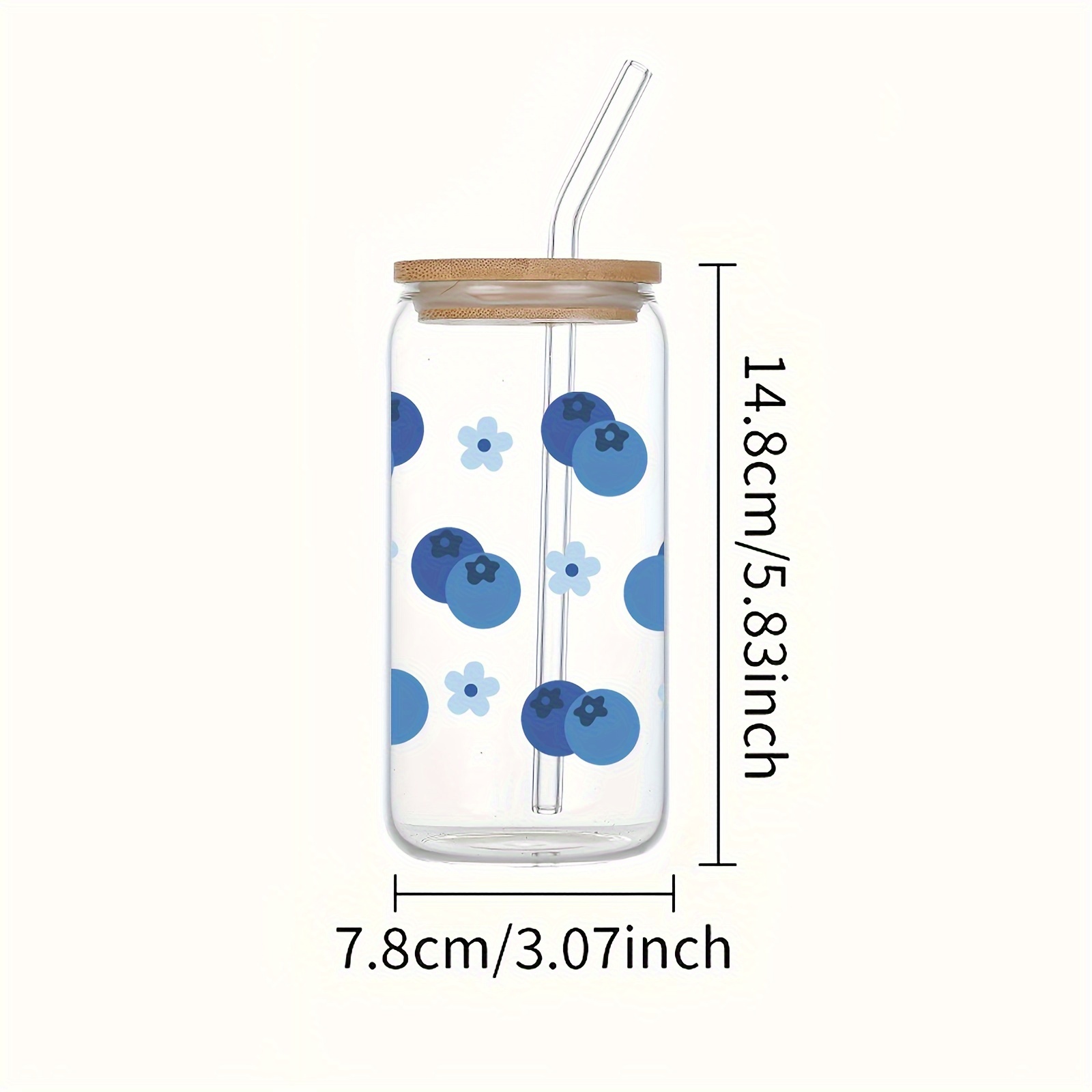 TEMU Reusable 16oz Glass Mason Jar With Bamboo Lid And Straw, 3d Uv Printed Cartoon Blueberry Design For Juice, Milk, Iced Coffee - Hand Wash,