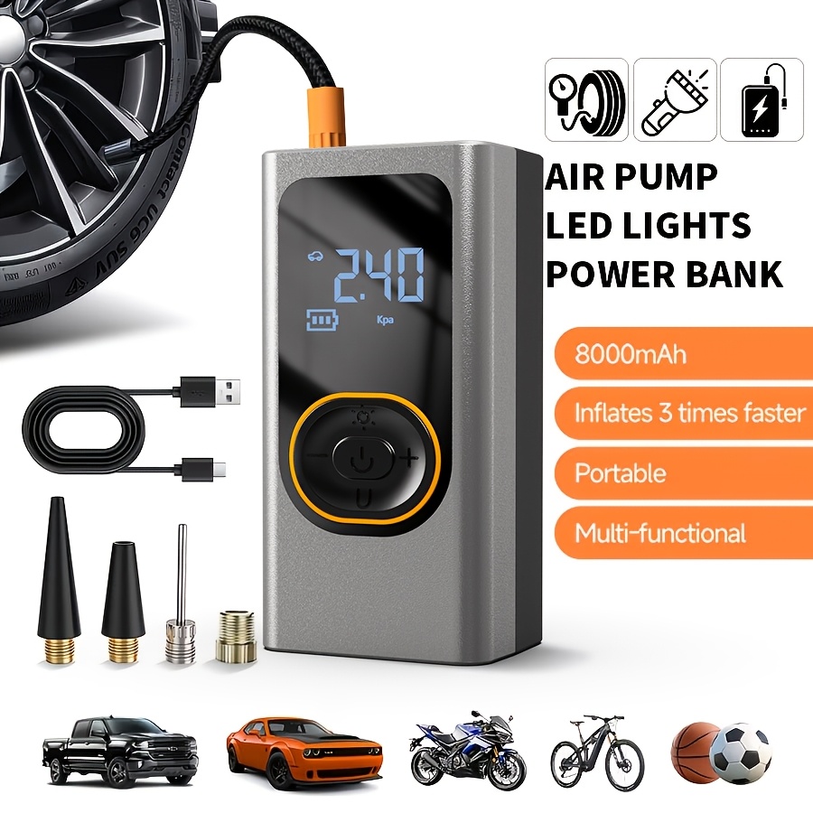 TEMU Portable Tire Inflation Pump -150 Psi Fast Inflation | Rechargeable Large Capacity Battery | Digital Pressure Gauge | Led Light, Cordless