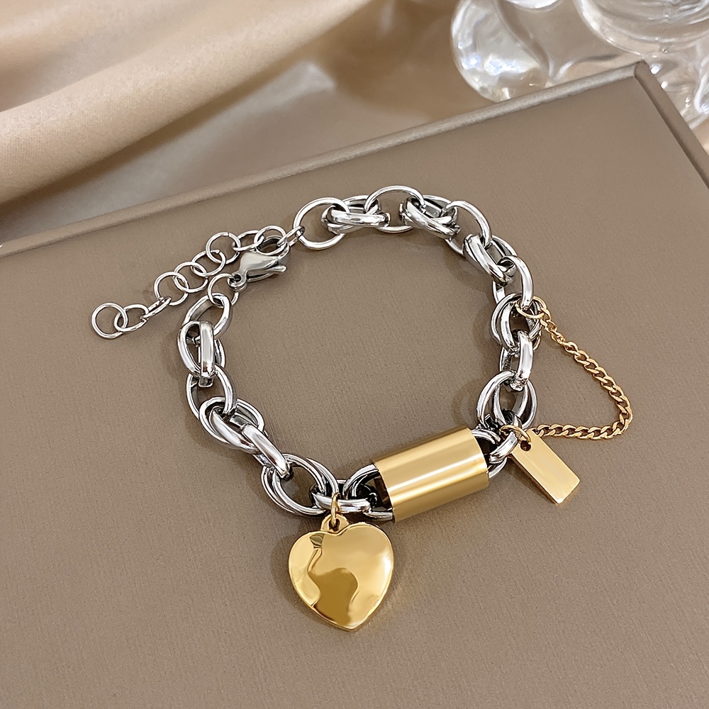 E-shop Punk Chunky Zwei-Ton Golden & Silbern 304 Edelstahl Armbänder Neues Einzigartiges Design Dicke Kette Herz Liebe Anhänger Handgelenkschmuck