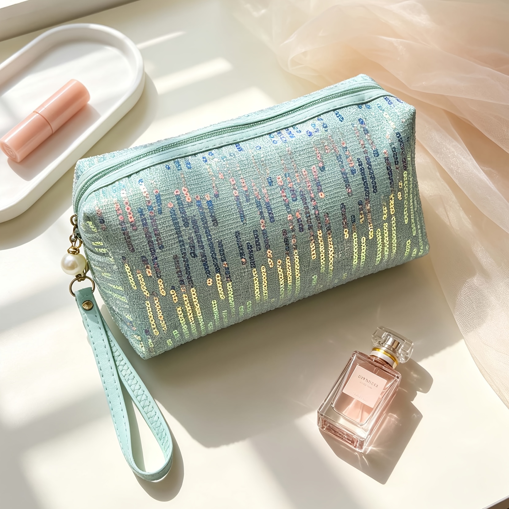 A Sequin Makeup Bag With A Handle, Pearl Zipper, Portable Universal