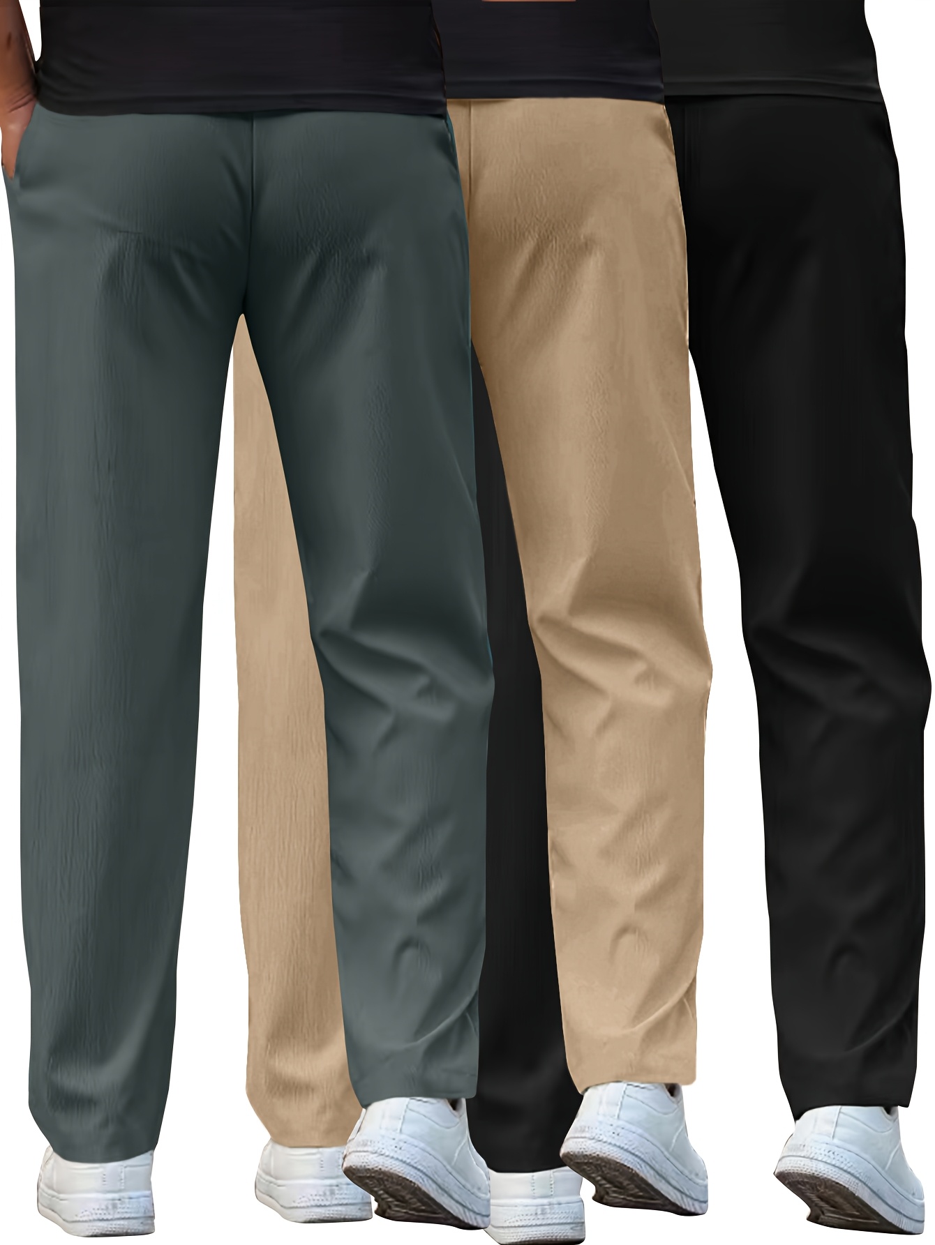 3pcs mens lightweight casual pants straight leg drawstring waist solid color black gray summer workwear machine washable details 1