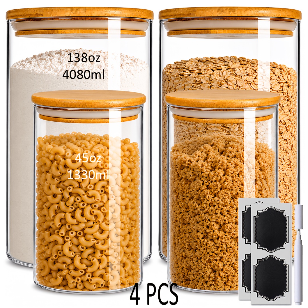 TEMU 4pcs (4080ml X 2pcs And 1330ml X 2pcs) Large Glass Storage Jar Set, Elegant Containers With Airtight Bamboo Lids, Kitchen Organization - Flour,