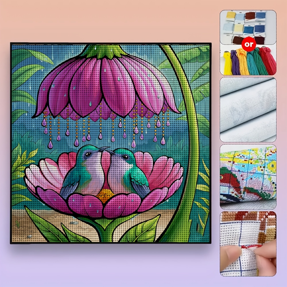 Cross Stitch Printed Kit, Frameless, Two Birds in The Flowers Design