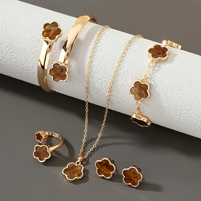 5pcs five petal   flower womens jewelry set 1pc necklace 1pc bracelet 1 pair earrings 1pc ring 1pc bangle easy natural elegant   light luxury retro