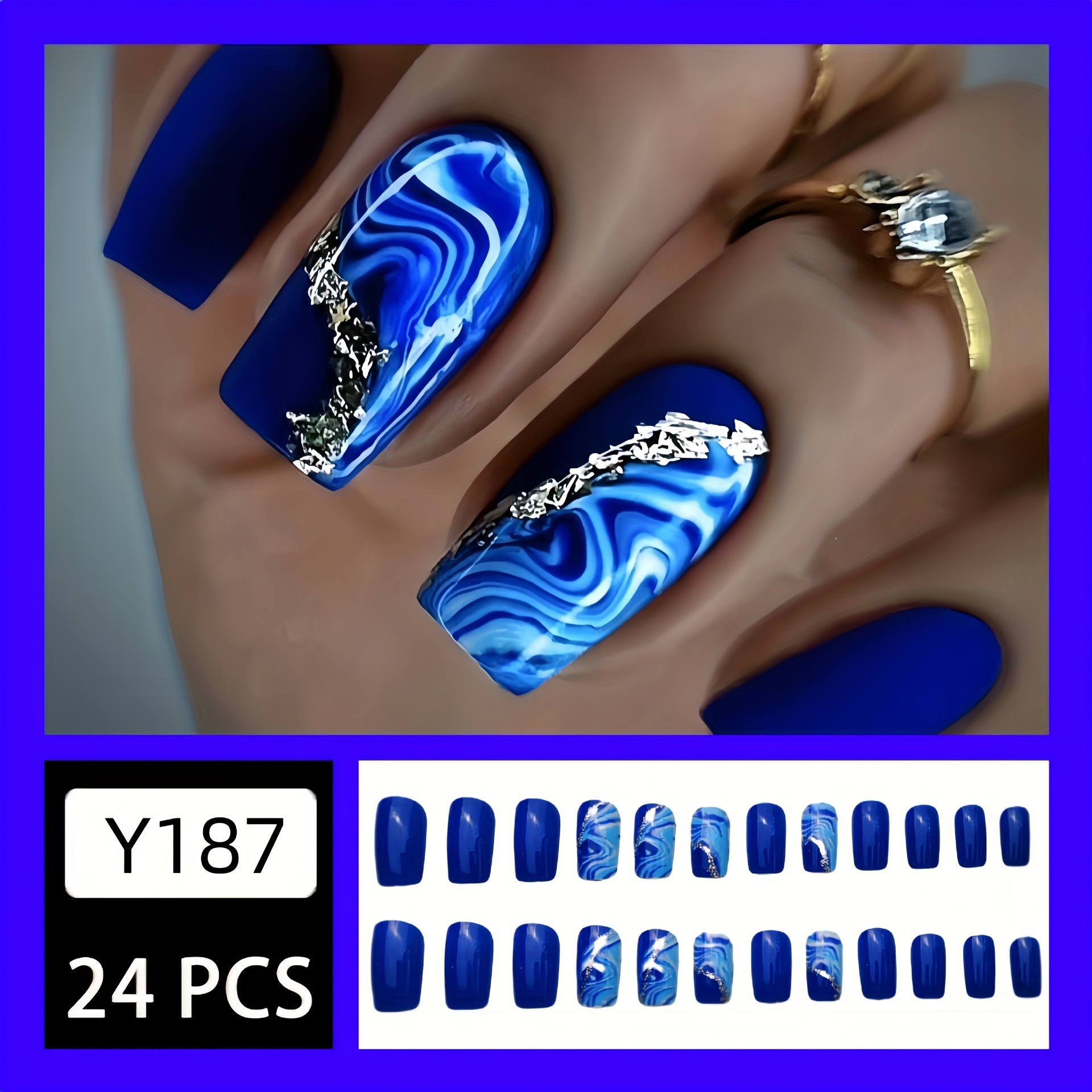 

24pcs Blue Press On Nails Medium Square Blue Fake Nails With Designs Gradient Glossy False Nails Press Ons Full Cover Glue On Nails Stick On Nails For Women